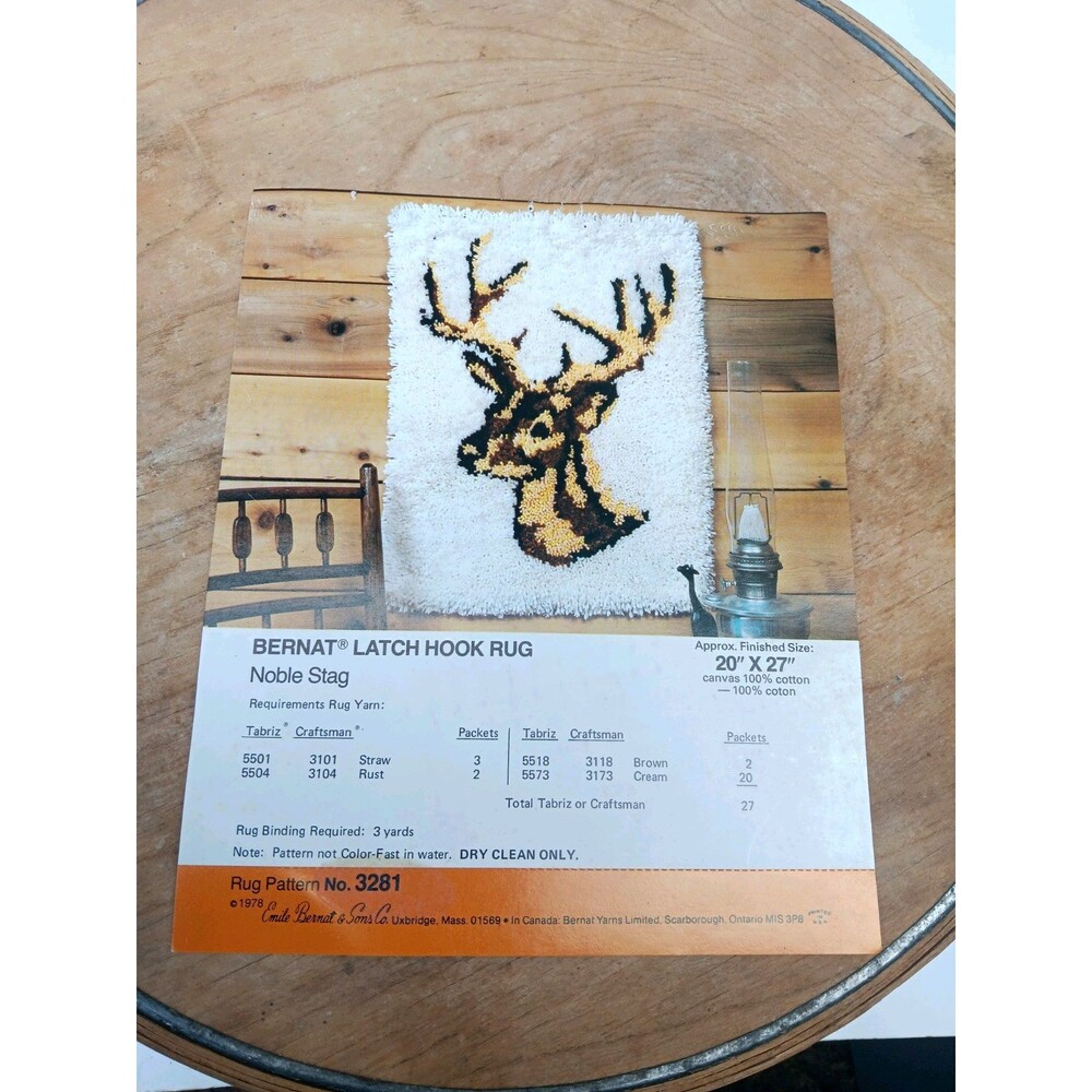 Bernat #3281 "Noble Stag" Latch Hood Rug Buck Yarn Started Mesh in Wood Box